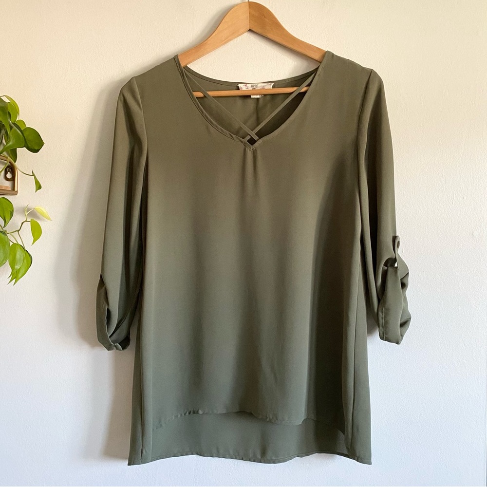 Hippie Rose Olive Green Blouse | Strappy Front 3/4 Sleeve